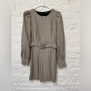 Zara Houndstooth long sleeve belted dress brown small